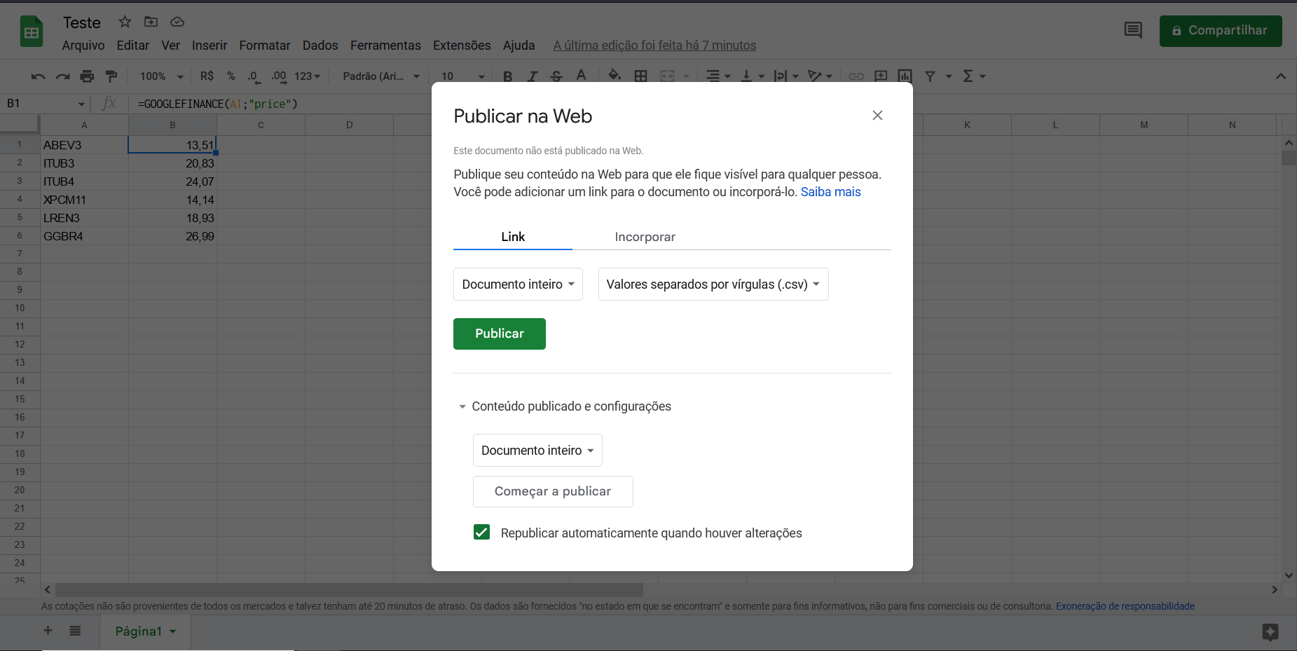 Cotações da Bolsa no Excel