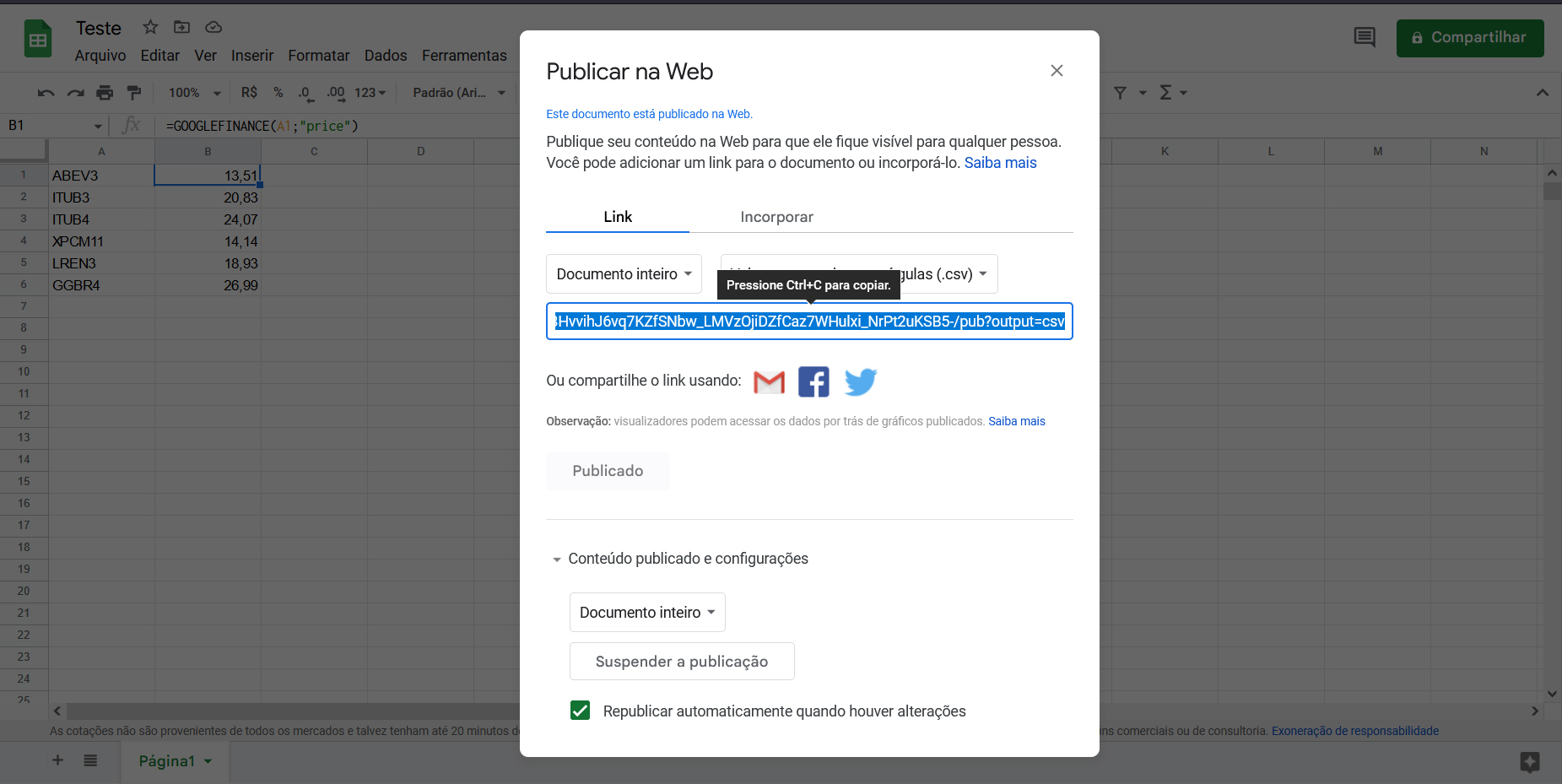Cotações da Bolsa no Excel