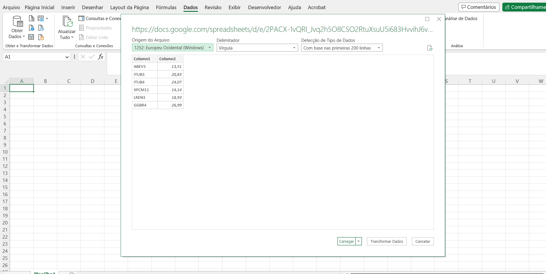 Cotações da Bolsa no Excel